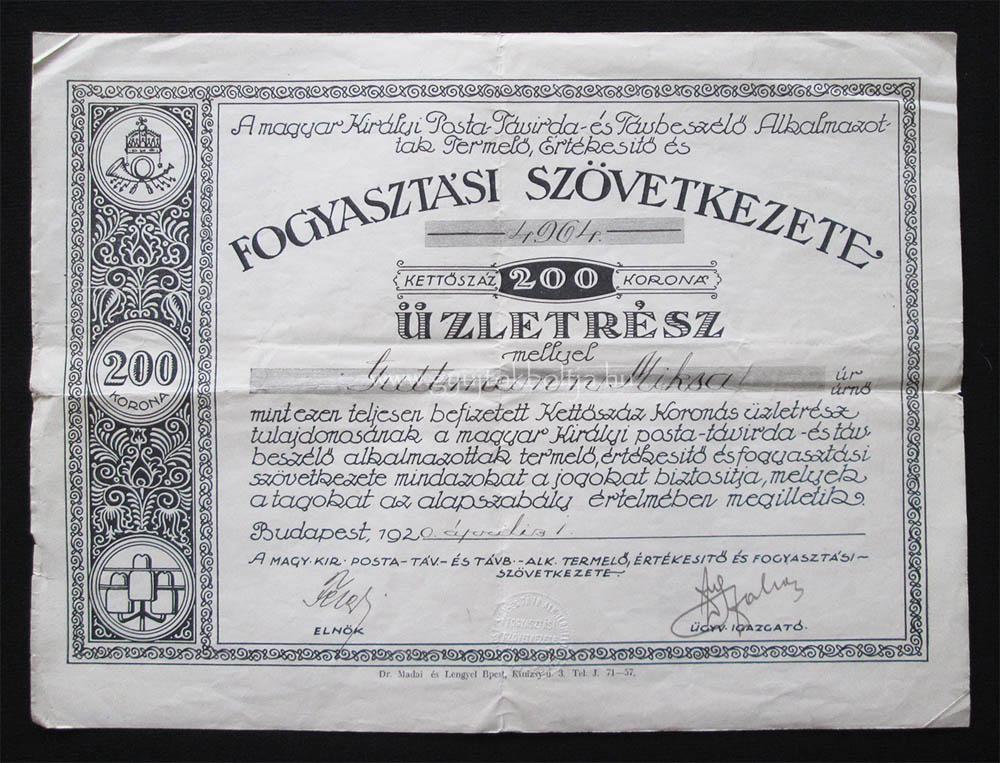 Magyar Királyi Posta- Távirda- Távbeszélõ Szövetkezet üzletrész 1920